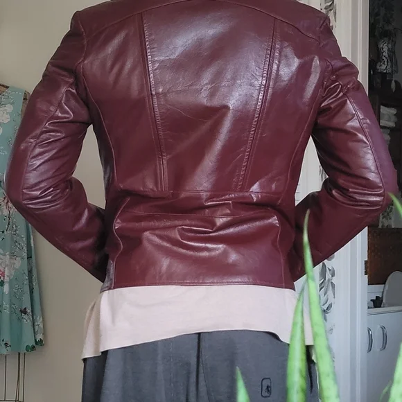 1970's Moto Men's Burgundy Oxblood Zip-Front Leather Jacket Double Lined - Picture 4 of 11